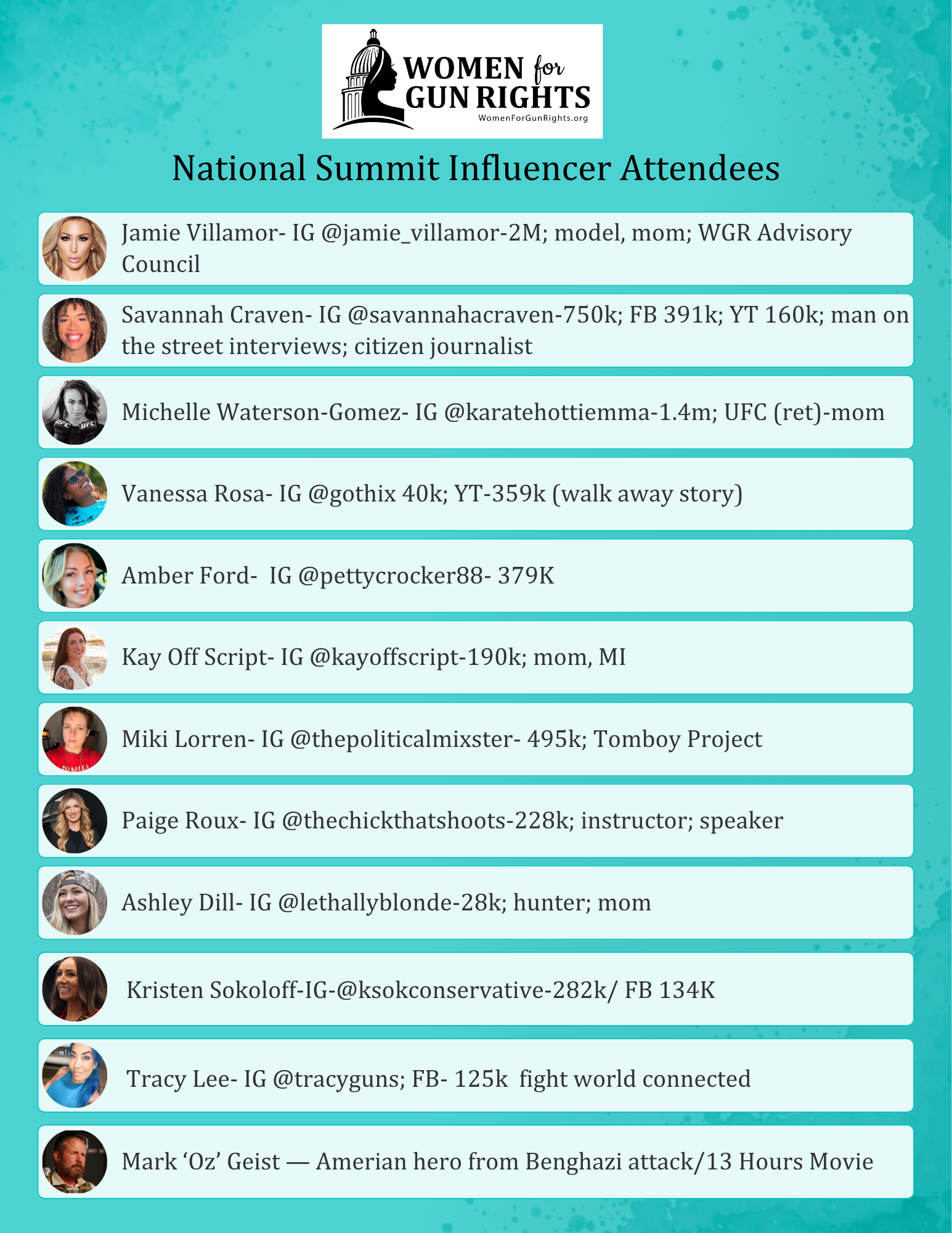 Women for Gun Rights National Summit influencer attendee list with names, handles, and follower counts